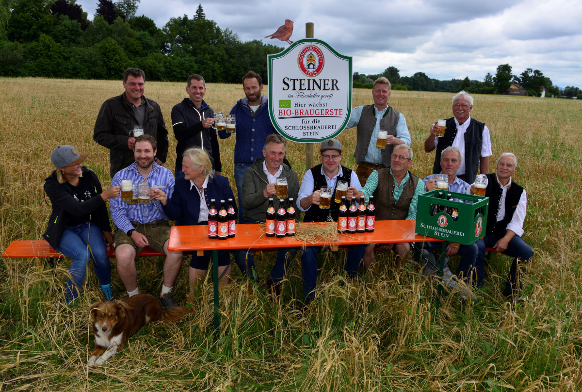 Landwirte, die Bio-Braugerste für die Brauerei Stein anbauen, sitzen auf Bierbänken in einem reifen Bio-Gerstenfeld