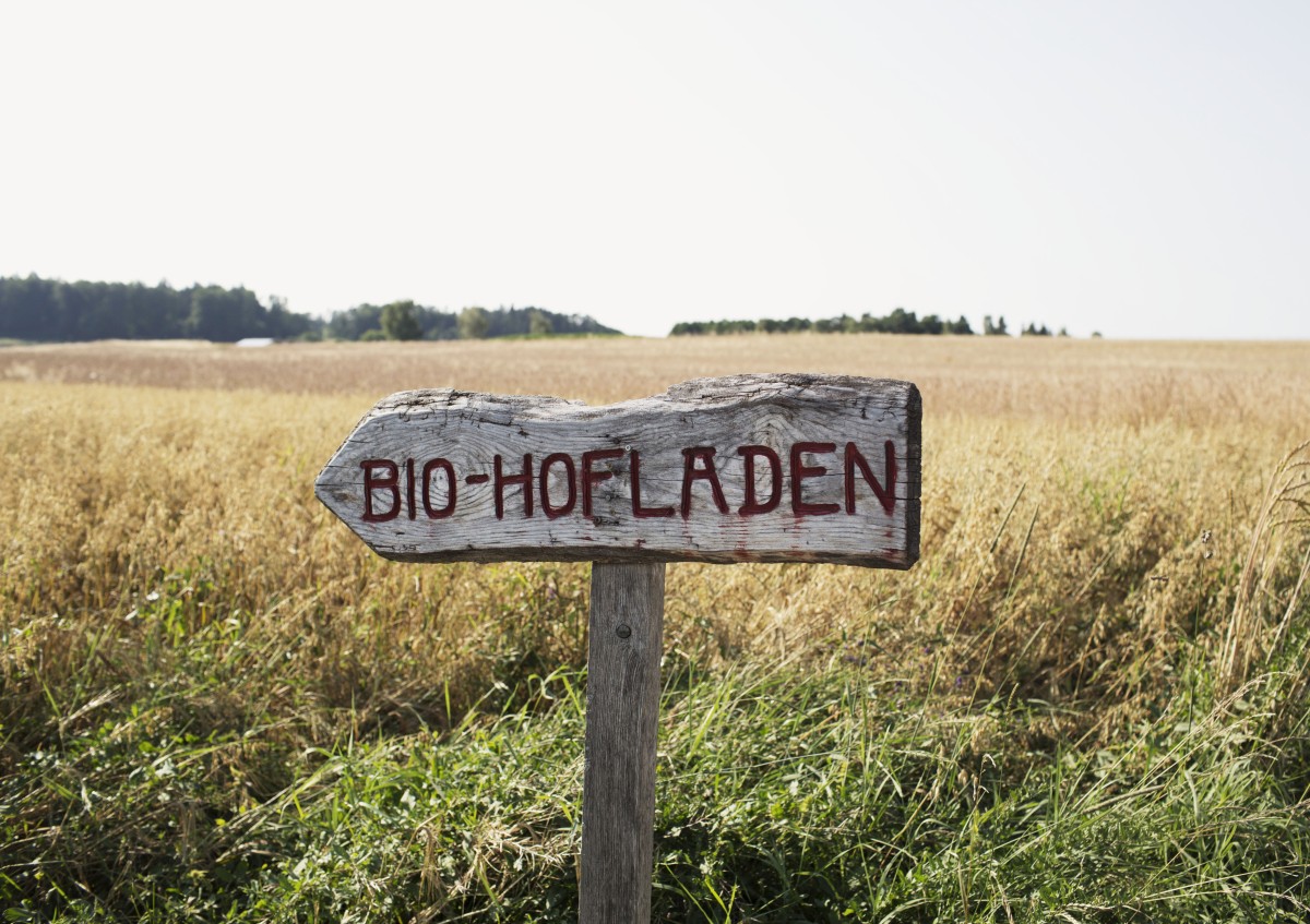 Holzschild am Feldweg mit der Aufschrift Bio-Hofladen