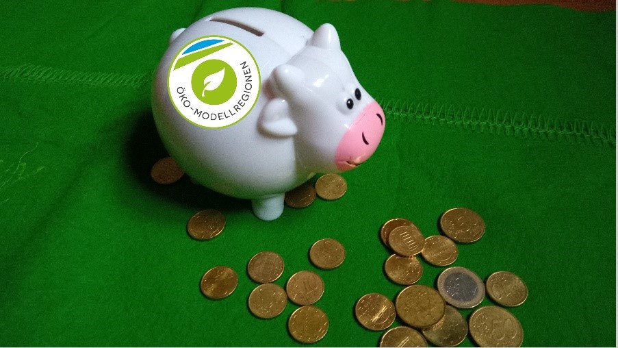 auf dem Bild ist ein Sparschwein mit Münzen sowie das Logo der Öko-Modellregionen zu sehen
